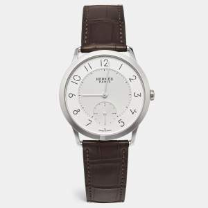 مملوكة مسبقًا Hermès Slim d'Hermes CA2.810 Silver Stainless Steel Alliagator Leather Men's Wristwatch 39.50 mm