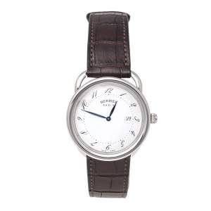 Hermes Silver Stainless Steel Leather Arceau AR5.710A Men's Wristwatch 38 mm