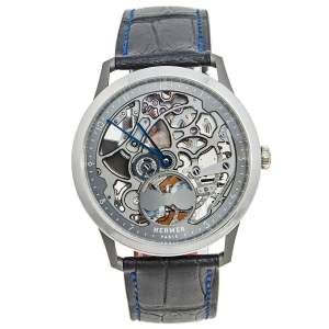 Hermes Grey Skeleton Titanium Platinum Alligator Leather Slim d'Hermes Squelette Lune W053606WW00 Men's Wristwatch 39.50 mm