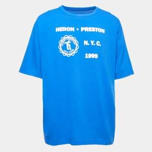 Heron Preston Blue Logo Print Cotton Crew Neck Oversized T-Shirt XL