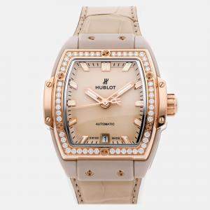 Pre-Owned Hublot Spirit Of Big Bang Beige Ceramic King Gold Diamonds 665.CZ.898B.LR.1204 39 mm