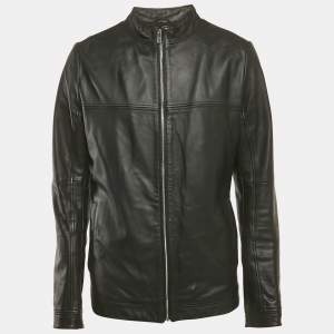 Hugo Boss Black Leather Zip-Up Laudin  Jacket 3XL