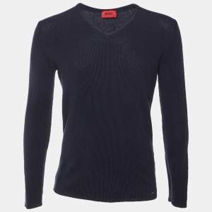 مملوكة مسبقًا بلوفر هوجو بوس كحلي بنمط قطن وصوف بحياكة برقبة V مقاس متوسط