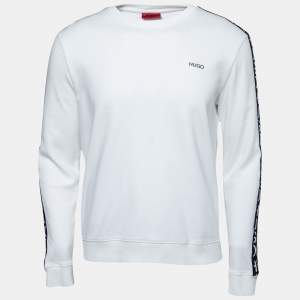 Hugo Boss White Cotton Logo Tape Trimmed Crewneck Sweatshirt M