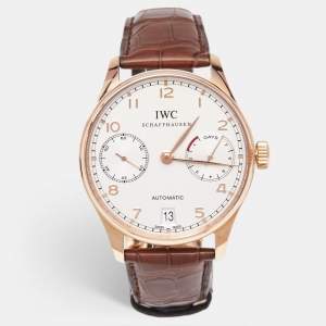 IWC Schaffhausen Silver 18K Rose Gold Alligator Leather Portuguese IW5001-01 Men's Wristwatch 42.30 mm
