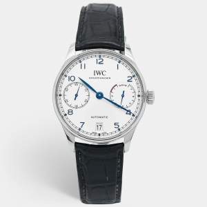 IWC Silver Stainless Steel Alligator Portugieser IW500705 Men's Wristwatch 42 mm 