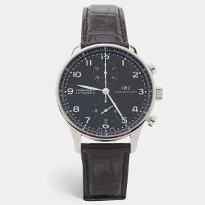IWC Schaffhausen Black Stainless Steel Alligator Leather Portugieser IW371447 Men's Wristwatch 40.90 mm