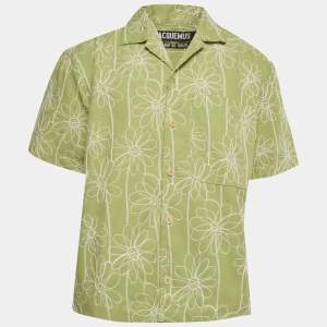 مملوكة مسبقًا Jacquemus Green Floral Yarn Embellished Denim Shirt XL
