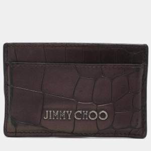 Pre Owned Jimmy Choo Metallic Purple Croc Embossed Leather Card Holder