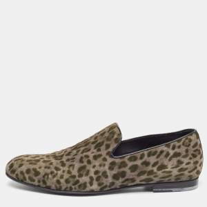 Jimmy Choo Grey Leopard Print Suede Sloane Smoking Slippers Size 42