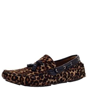 Jimmy Choo Brown Leopard Print Pony Hair And Patent Leather Trim Tassel Slip On Loafers Size 45 