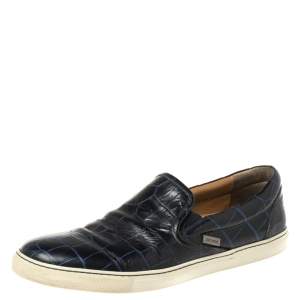 Jimmy Choo Navy Blue Croc Embossed Leather Slip On Sneakers Size 42