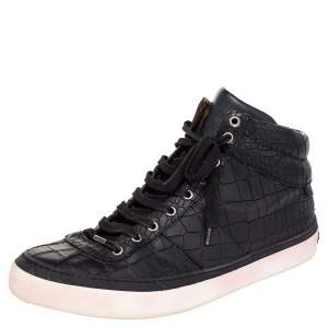 Jimmy Choo Black Crocodile Embossed Leather Belgravia High Top Sneakers Size 45