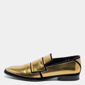 Jimmy Choo Gold Patent And Suede Slip On Loafers Size 46