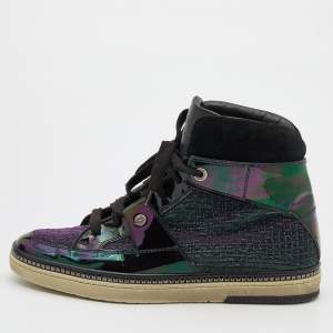 Jimmy Choo Black/Iridescent Patent Leather and Glitter Fabric Barlowe High Top Sneakers Size 42.5
