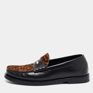 Jimmy Choo Black/Brown Leopard Print Calfhair and Leather Penny Loafers Size 39.5