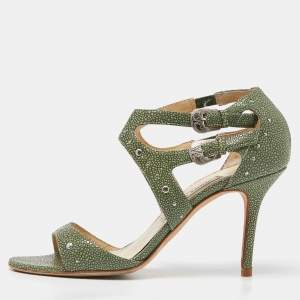 Pre Owned Jimmy Choo Green Textured Leather Ankle Strap Sandals Size 38