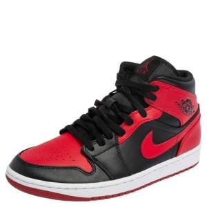 Nike Jordan Black/Red Leather and Fabric 1 Mid Sneakers Size 43