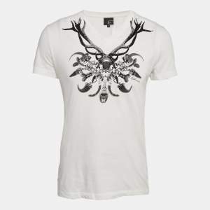 Pre Owned Just Cavalli White Printed Jersey V-Neck T-Shirt L