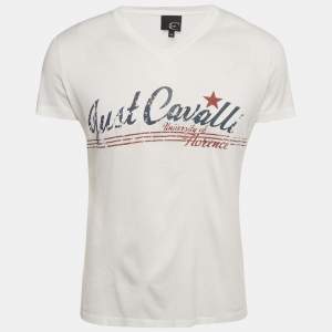 Pre Owned Just Cavalli White Printed Jersey V-Neck T-Shirt M