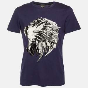 Pre Owned Just Cavalli Navy Blue Tiger Print Cotton Crew Neck T-Shirt M
