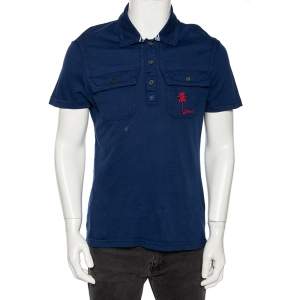  Just Cavalli Blue Cotton Palm Tree Embroidered Polo T Shirt XL 