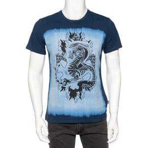  Just Cavalli Blue Printed Cotton Short Sleeve T-Shirt M