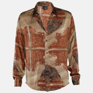 Just Cavalli Brown Printed Silk Button Front Shirt XL