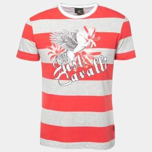 Just Cavalli Pink and Grey Striped Crew Neck T-Shirt XL