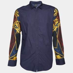 Just Cavalli Navy Blue Cotton Printed Sleeve Shirt L