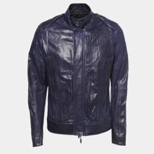 Just Cavalli Navy Blue Leather Biker Jacket L