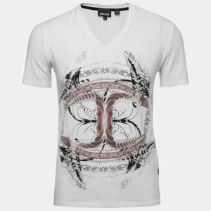 Just Cavalli White Graphic Logo Print Cotton V-Neck T-Shirt M