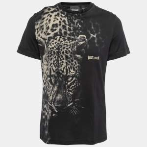 Just Cavalli Black Tiger Printed Cotton Crew Neck Half Sleeve T-Shirt L
