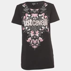 Just Cavalli Black Logo Print Stretch Cotton Fitted T-Shirt XXL