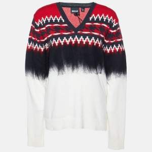 Just Cavalli Multicolor Patterned Wool and Silk V-Neck Sweater M