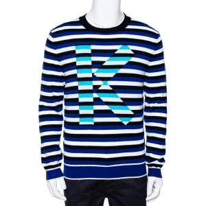 Kenzo French Blue Striped Intarsia Logo Knit Jumper M