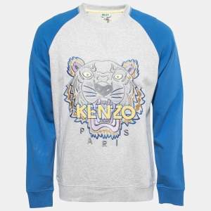 Kenzo Grey & Blue Cotton Tiger Embroidered Sweatshirt M