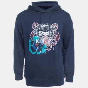 Pre Owned Kenzo Navy Blue Cotton Floral Tiger Motif Oversized Hoodie XS