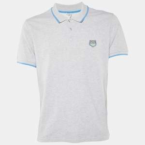 Pre Owned Kenzo Grey Cotton Pique Tiger Patch K-Fit Polo T-Shirt L