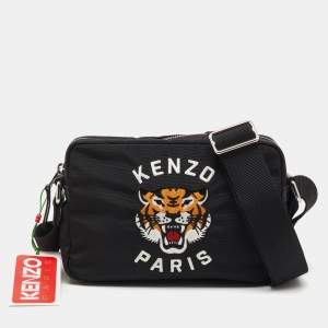 Pre Owned Kenzo Black Fabric Tiger Varsity Embroidered Crossbody Bag