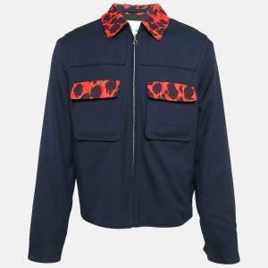 Kenzo Navy Blue Leopard Print Cotton Patch Pocket Detail Jacket L