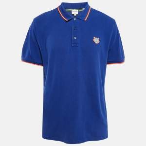 Kenzo Blue Tiger Applique Cotton Pique Polo T-Shirt XL