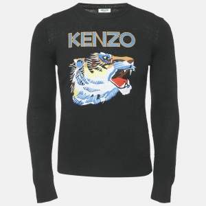 Kenzo Black Tiger Logo Embroidery Wool Blend Knit Sweater XS