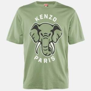 Pre Owned Kenzo Green Elephant Printed Cotton Knit T-Shirt L