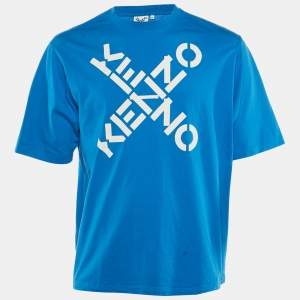 Pre Owned Kenzo Blue Logo Print Cotton Crew Neck T-Shirt M