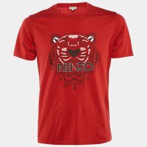 Pre Owned Kenzo Red Tiger Print Cotton Crew Neck T-Shirt S