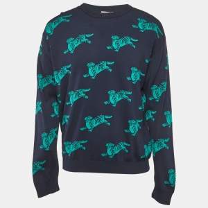 Pre Owned Kenzo Navy Blue All Over Tiger Pattern Knit Jumper L