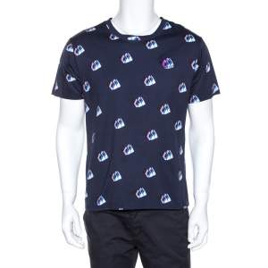 Pre Owned Kenzo Navy Blue Printed Cotton Logo Detail Crew Neck T-Shirt L