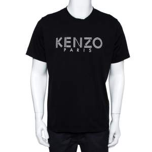 Pre Owned Kenzo Black Logo Print Cotton Crew Neck T-Shirt XL