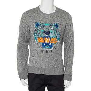Pre Owned Kenzo Grey Cotton Tiger Embroidered Crewneck Sweatshirt L